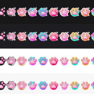 May include: Four rows of paw print stickers in various colors, including pink, blue, green, yellow, orange, and gray. The stickers are arranged in a repeating pattern and have a glossy finish. The text "Hexcreates:" appears to the right of each row.