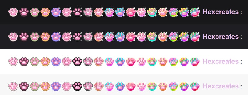 May include: Four rows of paw print stickers in various colors, including pink, blue, green, yellow, orange, and gray. The stickers are arranged in a repeating pattern and have a glossy finish. The text "Hexcreates:" appears to the right of each row.