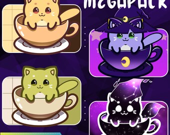 May include: A digital art graphic featuring four cartoon cats in teacups. The cats are various colors, including yellow, green, purple, and black, and are set against a purple background. Text includes "CAT GIFTUBER/PNGTUBER MEGAPACK" and "INSTANT DOWNLOAD!"
