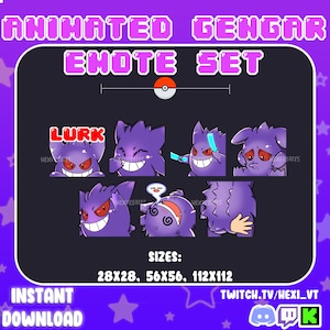 x7 Animated Gengar Emote Set for Twitch/Discord & Kick Streaming | Pokemon Cute Animated Emotes