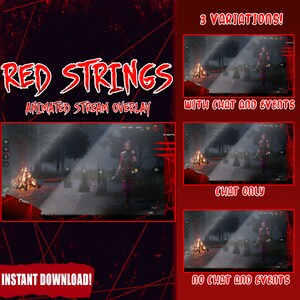 May include: Red Strings animated stream overlay with three variations: with chat and events, chat only, and no chat and events. The overlay features a dark forest scene with a campfire and a woman in a purple dress.