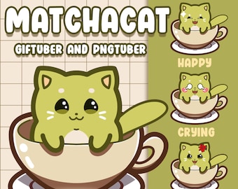 Premade GIFtuber / PNGtuber - Kawaii MatchaCat per Vtubers con 3 espressioni per Veadotube mini / Discord Immagine reattiva
