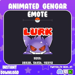 Puede incluir: Emoticono animado de Twitch con un Gengar Pokémon morado con ojos rojos asomándose detrás de la palabra "Lurk" en píxeles rojos. El emoticono está disponible en tres tamaños: 28x28, 56x56 y 112x112.
