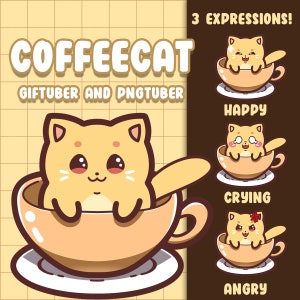 Premade GIFtuber | PNGtuber - Kawaii CoffeeCat for Vtubers w/ 3 expressions for Veadotube mini | Discord Reactive image