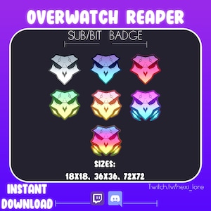 May include: A set of Overwatch Reaper Twitch sub/bit badges in various colors, including white, pink, blue, green, yellow, and rainbow. The badges are in different sizes: 18x18, 36x36, and 72x72. The text "Twitch.tv/hexi_lore" is at the bottom of the image.