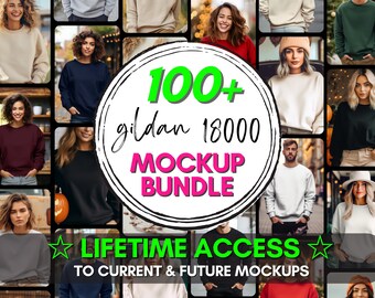 Mockup Bundle Gildan 18000 Sweater | Over 100 Lifestyle Men&#39;s and Woman&#39;s Sweatshirt Mock Up Bundle | Sand, Forest Green, Navy, Front & Back