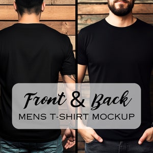 Mens Front and Back Shirt Mockup | Black Gildan 64000 Tshirt | Bella Canvas 3001 T-Shirt | Mens Unisex Tee | Muscle Fit Wood Lifestyle Mock