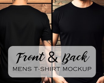 Mens Front and Back Shirt Mockup | Black Gildan 64000 Tshirt | Bella Canvas 3001 T-Shirt | Mens Unisex Tee | Muscle Fit Wood Lifestyle Mock