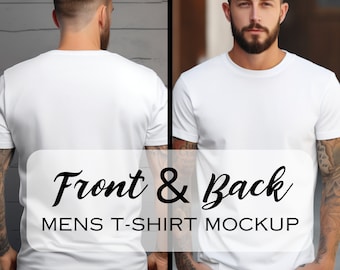 Mens Front and Back Shirt Mockup | White Gildan 64000 Tshirt | Bella Canvas 3001 T-Shirt | Mens Unisex Tee | Muscle Fit Wood Lifestyle Mock