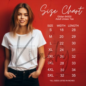 Gildan 64000 Size Chart, Female Model Sizing Guide, Gildan Shirt Size Chart, Unisex White Shirt Sizing Chart
