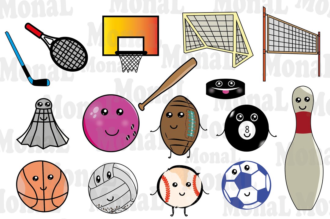 Funny Sports Clipart Cute Sport Clip Art Kawaii Icons Hand Etsy