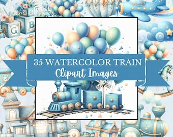 Watercolor Train Birthday Clipart, Cute Nursery Decor, Digital Plane Print, Instant Download
