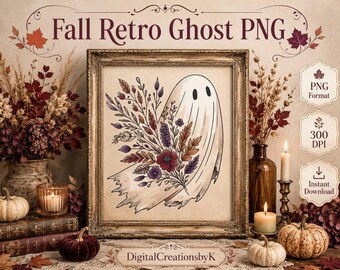 Retro Watercolor Ghost PNG, Fall Florals, Grunge Checkerboard, Halloween Clipart (Digital Art)