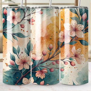20oz skinny tumbler wraps, floral sublimation design, watercolor cherry blossoms png, tumbler sublimation png, commercial use