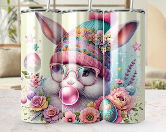 Cute Bunny Tumbler Wrap, Sublimation Design, 20oz Skinny Tumbler, Digital Download, Easter Bunny, Floral Bunny, PNG Commercial Use