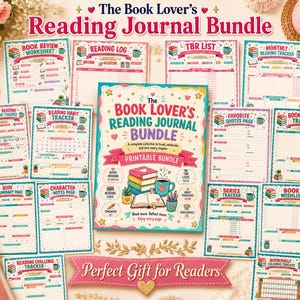 May include: A collection of printable reading journal pages featuring the title The Book Lover's Reading Journal Bundle. The set includes various trackers, logs, and worksheets with colourful illustrations of books, mugs, and plants on a light background.