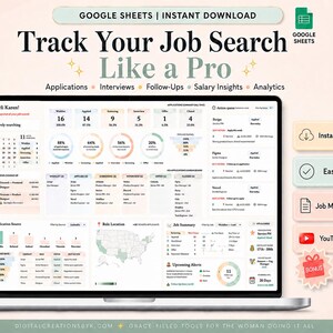 May include: A digital job search tracker for Google Sheets displayed on a laptop screen. The dashboard features sections for applications, interviews, follow-ups, salary insights, and analytics, including charts, a calendar, and a map of the United States.