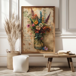 Rustikale Wildblumen Einmachglas Wandkunst, Vintage botanischer Blumendruck, ästhetisches Plakat Bauernhaus, Cottagecore Wanddekor, Landhaus Kunst