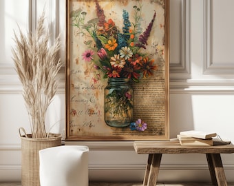 Rustic Wildflower Mason Jar Wall Art, Vintage Botanical Floral Print, Farmhouse Aesthetic Poster, Cottagecore Wall Decor, Country Home Art