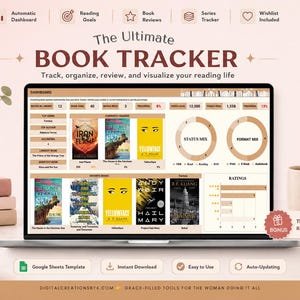 May include: A digital book tracker template displayed on a laptop screen, featuring an automatic dashboard, reading goals, book reviews, and a series tracker. The interface includes charts for status and format mix, book covers, and a bonus recovery guide.