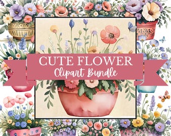 Watercolor Flowers Clipart Huge Bundle, 62 PNG & JPG Floral illustrations, Potted Flowers, Digital download