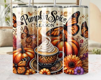 Pumpkin Spice Season Tumbler Wrap, 20oz Skinny Tumbler Design, Autumn Tumbler Digital Download, Fall Sublimation Tumbler