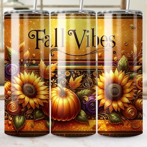 Puede incluir: Tumbler "Fall Vibes" con fondo de purpurina dorada, con girasoles, calabazas y follaje de otoño.