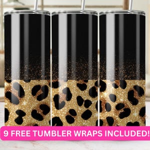 Leopard Glitter Sublimation Tumbler Wrap, 20oz Skinny Tumbler PNG, Gold and Black Leopard Print, Sublimation Design Download