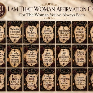 May include: A set of 120 affirmation cards titled I AM THAT WOMAN AFFIRMATION CARDS. Each card features a vintage-style parchment background with dark floral borders, candle illustrations, and black text containing empowering phrases and affirmations.