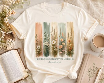 Sus misericordias se renuevan cada mañana PNG Sublimación Versículo bíblico Lamentaciones 3:23 Flores en tonos pastel Arte de fe