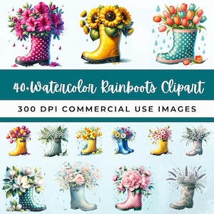 Garden Boots Clipart Bundle, Floral Rain Boot Clipart, Spring Decor, Cute Gardening PNG, Watercolor Flower Graphics