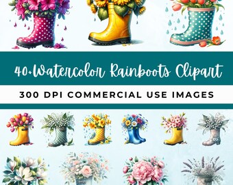 ガーデンブーツ クリップアート バンドル、花柄レインブーツ クリップアート、春の装飾、かわいいガーデニング PNG、水彩花グラフィック