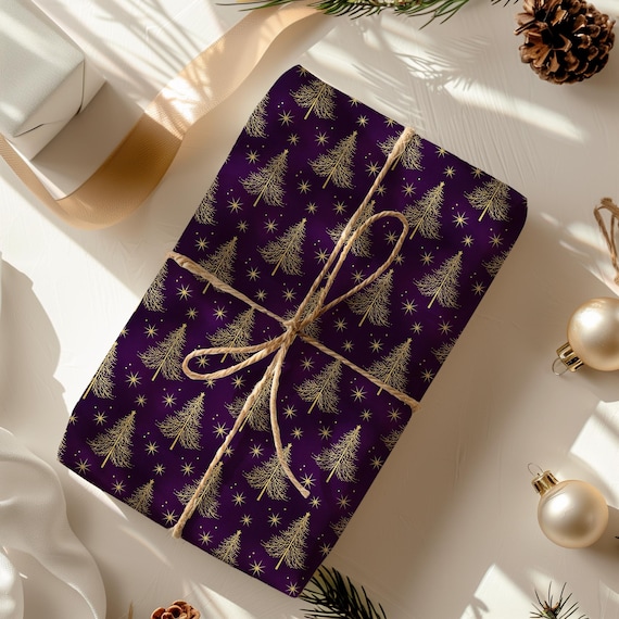 Elegant Christmas Wrapping Paper, Gold Trees, Purple Gift Wrap, Holiday Paper, Festive Paper, Christmas Decoration, Stars, Shiny