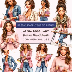 May include: A digital art bundle featuring illustrations of Latina women in business attire. The images include women in blazers, denim jackets, and sweaters, some holding coffee cups or notebooks. Text on the image reads "LATINA BOSS LADY Business Clipart Bundle COMMERCIAL USE."