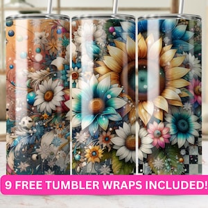 Colorful Floral Digital Art for Tumbler, 20oz Skinny Tumbler Wraps, Sublimation PNG Download, Commercial Use, Straight Tapered Design