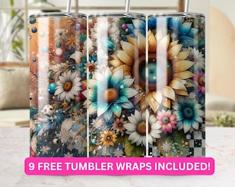 Colorful Floral Digital Art for Tumbler, 20oz Skinny Tumbler Wraps, Sublimation PNG Download, Commercial Use, Straight Tapered Design