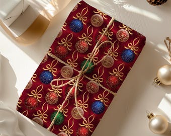 Elegante Ornamente Weihnachtsgeschenkpapier, festliche Feiertagsgeschenkpapier, dekorative Kugeln für Geschenke, klassische Weihnachtsdekoration