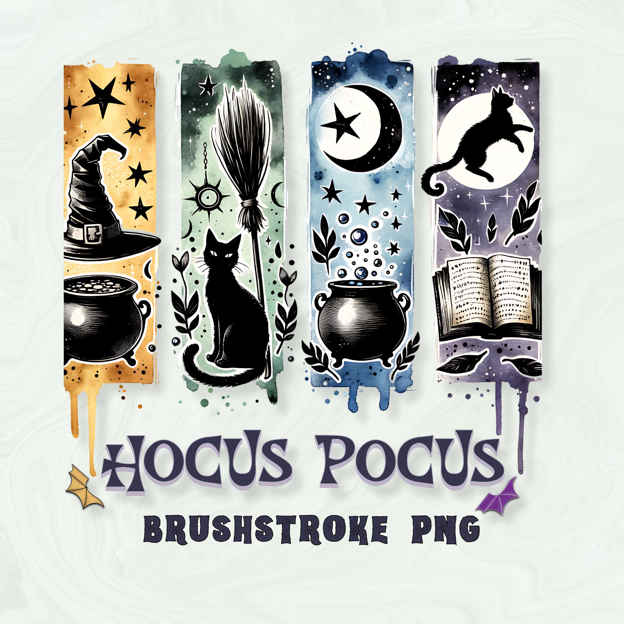 Hocus Pocus Halloween Brushstroke PNG Sublimation Design, Witch Hat Cauldron Cat Clipart, Spooky Magic Book Moon PNG Download