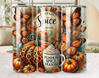 Pumpkin Spice Season Tumbler, 20oz Skinny Tumbler Wrap, Fall Tumbler PNG, Sublimation Tumbler Design, Autumn Tumbler Digital Download
