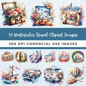 Voyage Watercolor Clipart - Floral Retro Journey - Travel Clipart Bundle - Instant Download for Commercial Use