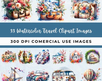 Voyage Watercolor Clipart - Floral Retro Journey - Travel Clipart Bundle - Instant Download for Commercial Use