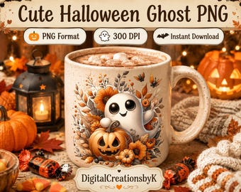 Uroczy duch Halloween PNG, dynia Kawaii, jesienne kwiaty (pobieranie cyfrowe)