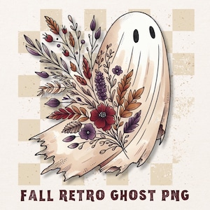 Retro Watercolor Ghost PNG with Fall Florals and Grunge Checkerboard, Vintage Halloween Clipart, Spooky Ghost Digital Art for Sublimation