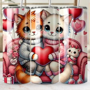 Cat couple valentine tumbler wrap design, cute valentine&#39;s day digital download, cat valentine skinny tumbler wrap, valentine tumbler wrap