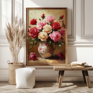 Vintage Rose Bouquet Wall Art, Romantic Floral Painting Print, Shabby Chic Botanical Poster, Cottagecore Flower Decor, French Country Art
