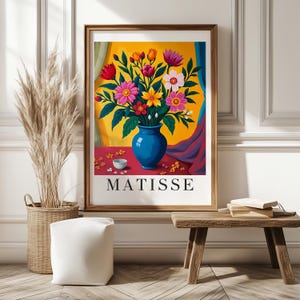 Impresión de arte de pared con motivos florales inspirados en Matisse, póster de jarrón colorido, pintura botánica abstracta moderna, obra de arte con flores llamativas, decoración del hogar estilo bohemio