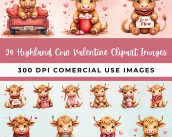 Valentine's Day Highland Cow Clipart Bundle - Cute Cow Digital Download - Valentine Stickers - PNG Graphics
