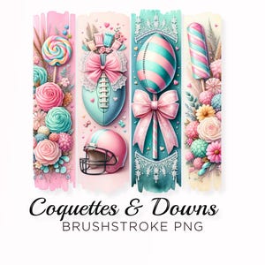 Puede incluir: Ilustración en acuarela con una paleta de colores rosa y turquesa. La imagen incluye una piruleta, un balón de fútbol americano, un casco y un helado, todos adornados con lazos y flores. El texto "Coquettes & Downs BRUSHSTROKE PNG" está en la parte inferior.