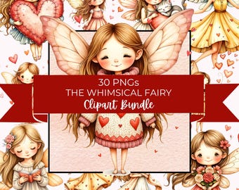 Peut inclure: Un ensemble de cliparts numériques représentant des illustrations de fées fantaisistes avec des motifs en forme de cœur. Les fées ont des ailes délicates, des cheveux fluides et sont vêtues de diverses tenues. Le texte "30 PNGs THE WHIMSICAL FAIRY Clipart Bundle" est inclus.