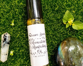 Mooncatcher Manifesting Oil | Crystal & Essential Oil Infused Oil | Manifestation Oil for Candles, Spells and Rituals